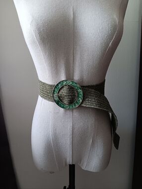 Wide Olive Green Woven Waist Belt with Decorative Round Buckle